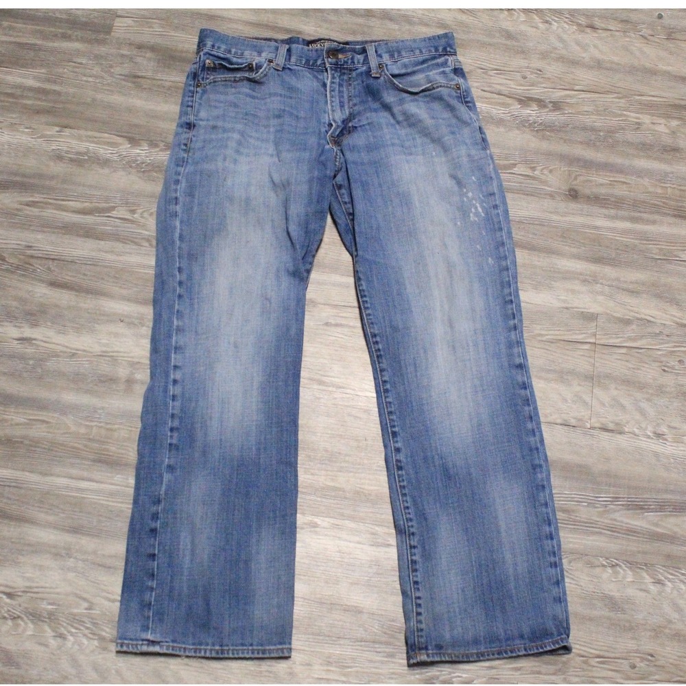 Lucky Brand Jeans Mens 31x30 Straight Leg Blue Medium Wash Distressed Paint